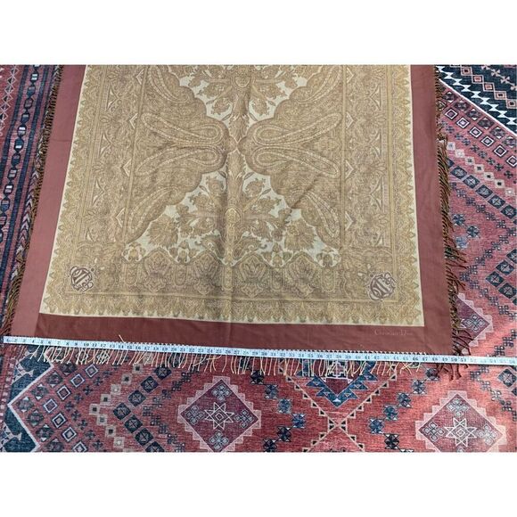 Christian Dior Square Wool Stole Tassel Scarf Tan and Pink - Picture 7 of 9